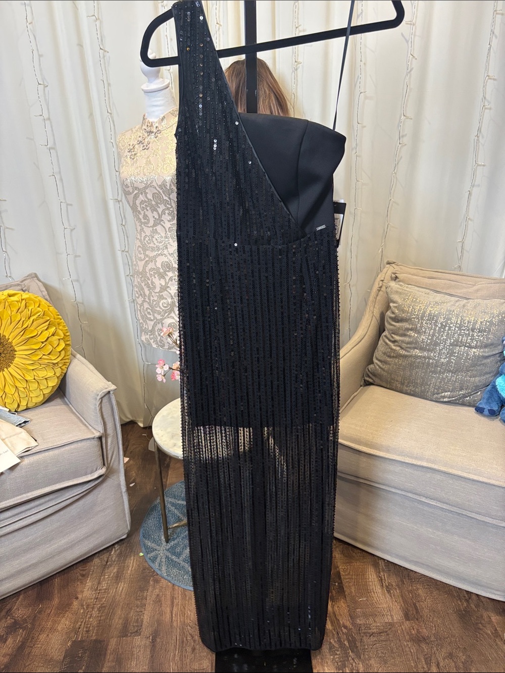 Guess Black One-Shoulder Sequin Fringe Dress